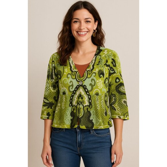 Monique Button Boho Glam Dopamine Dressing Cardigan Green Psychedelic Print Sz L - Picture 1 of 7